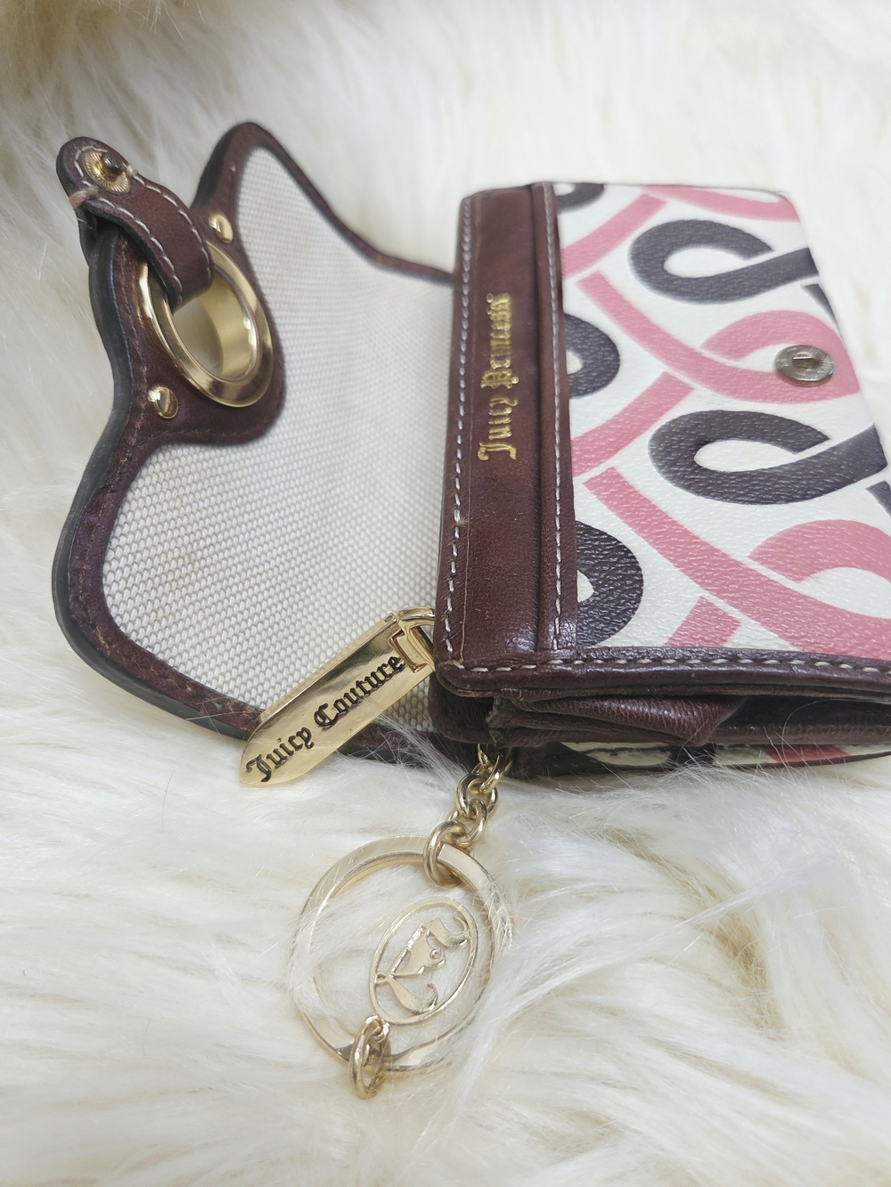Juicy Couture Pink, White & Brown Patterned Key Card Holder with Gold Charm